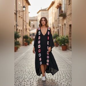 Bohemian Black Crochet Accent Dress